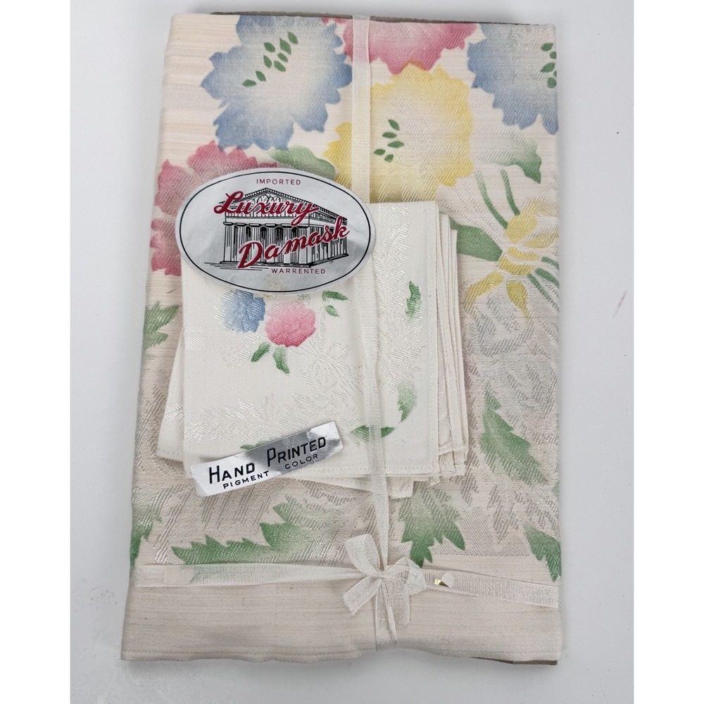VTG DAMASK Linen Pastel Floral Tablecloth (47x47) & Napkins (3) NOS Handpainted